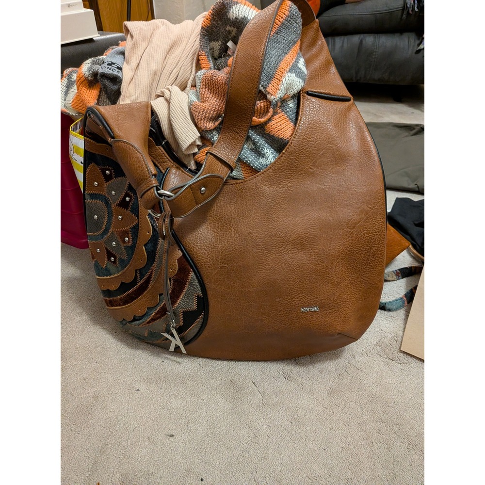 Kensie Brown Faux Leather Boho Hobo Bag Patchwork Medallion Studded Shoulder Bag